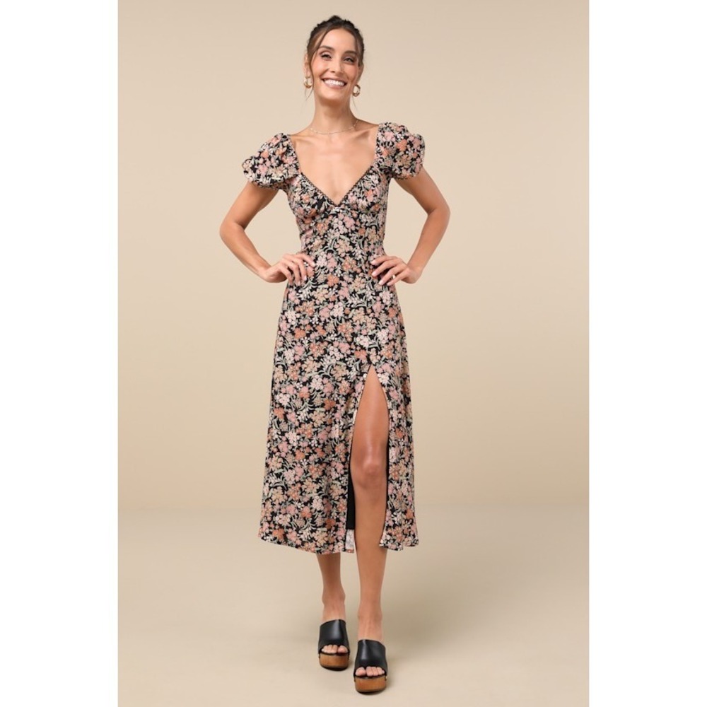 Lulus Meadow Muse Black Floral Tie-back Puff Sleeve Midi Dress - Size XS